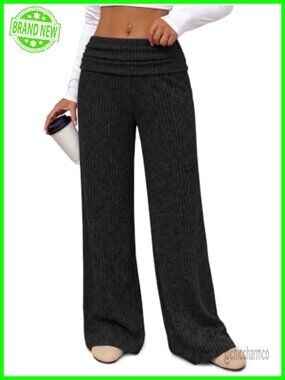 Women's Wide Leg High Waisted Ribbed Knit Casual Pants Loose Fit